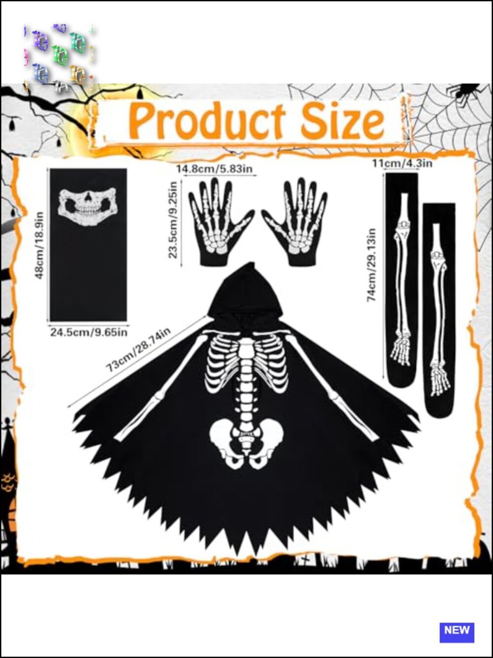 Skeleton Halloween Costume Set Women Poncho Gloves Stockings Mask - Picture 2 of 6